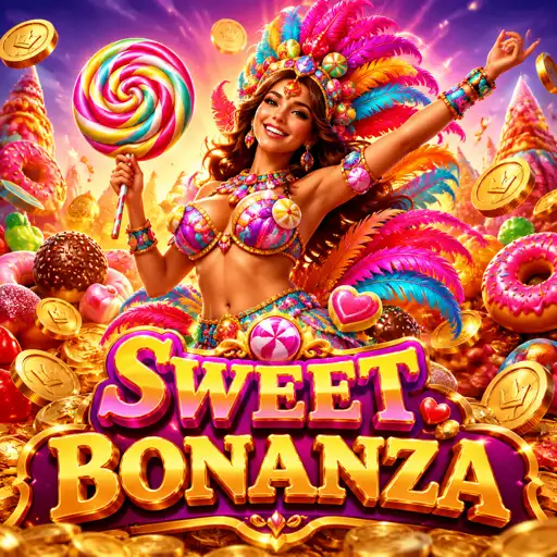 Cartão do slot Sweet Bonanza com doces e frutas coloridas